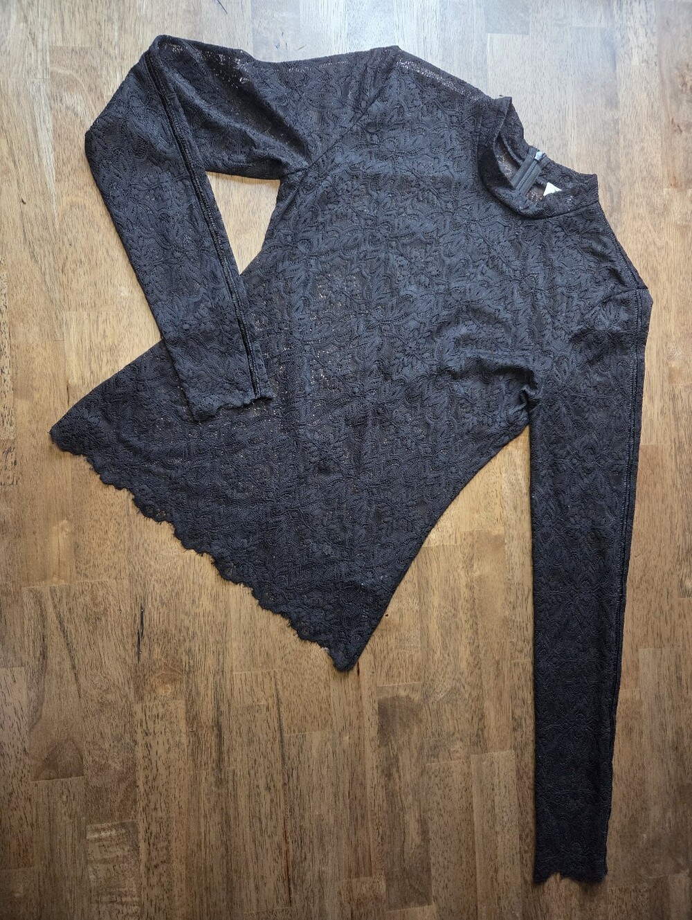 Wilfred Black Lace Long Sleeve Mock Neck Top Scallop Hem